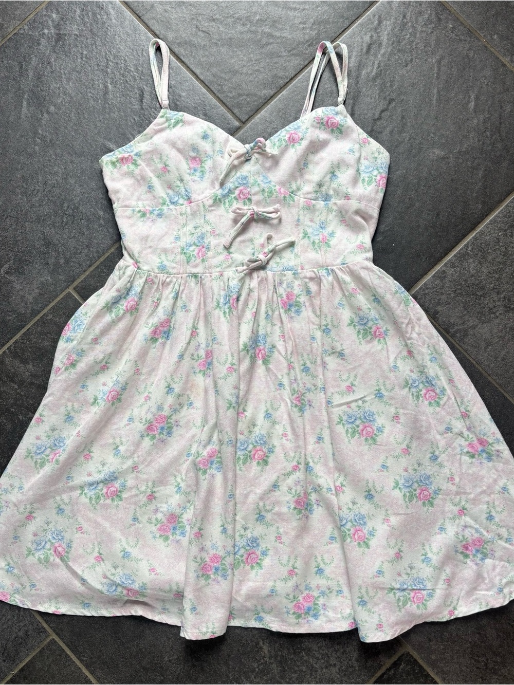 Altar'd State Light Pink blue Floral Mini Dress Sz XS Romantic Tie front Dainty